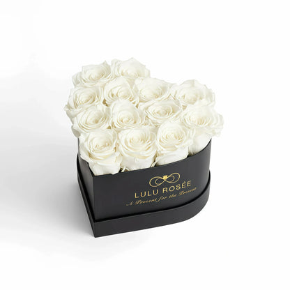 LULU ROSÉE medium heart box white roses black classic box on white background