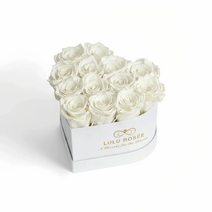 LULU ROSÉE medium heart box white roses white classic box on white background
