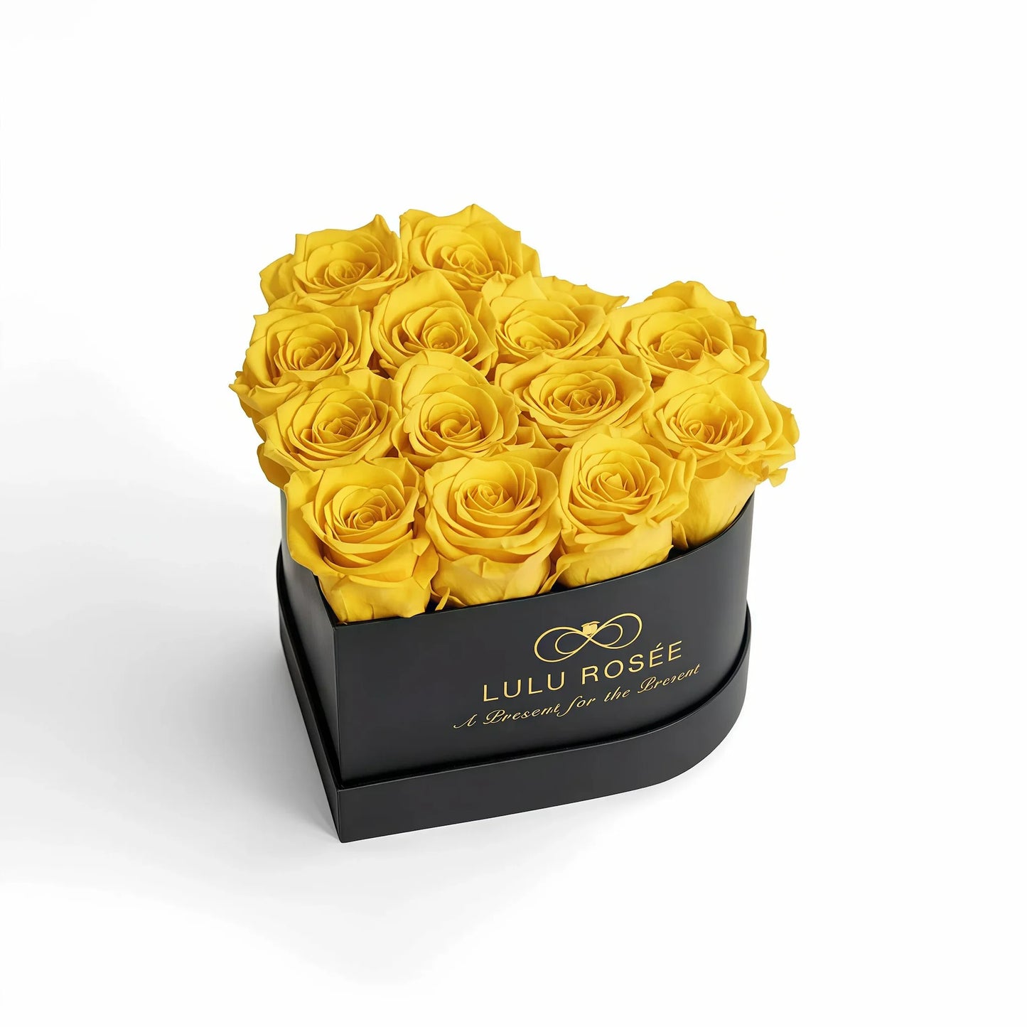LULU ROSÉE medium heart box yellow roses black classic box on white background