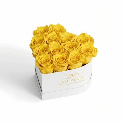 LULU ROSÉE medium heart box yellow roses white classic box on white background