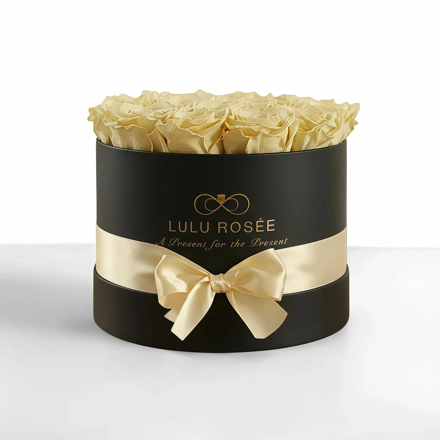 LULU ROSÉE medium round box light yellow roses black classic box on white background