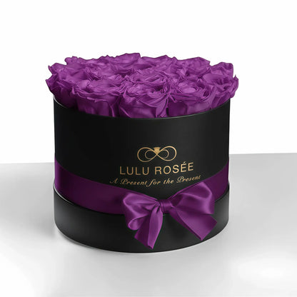 LULU ROSÉE medium round box purple roses black classic box on white background
