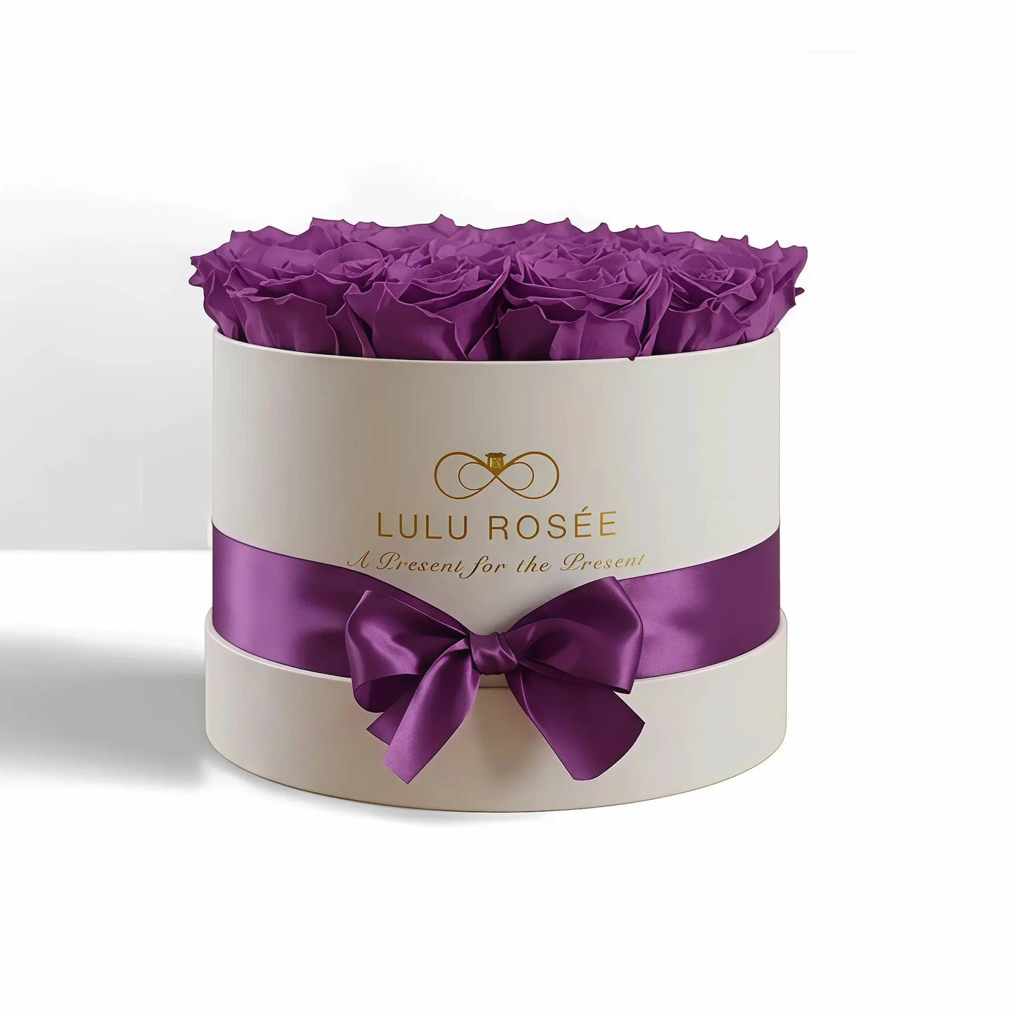 LULU ROSÉE medium round box purple roses white classic box on white background
