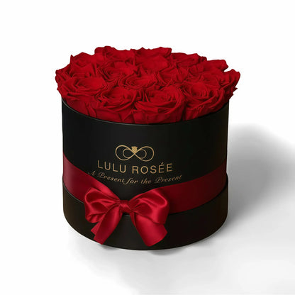 LULU ROSÉE medium round box white roses black classic box on white background