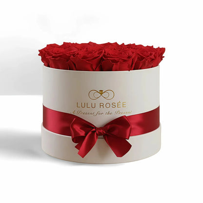 LULU ROSÉE medium round box red roses white classic box on white background