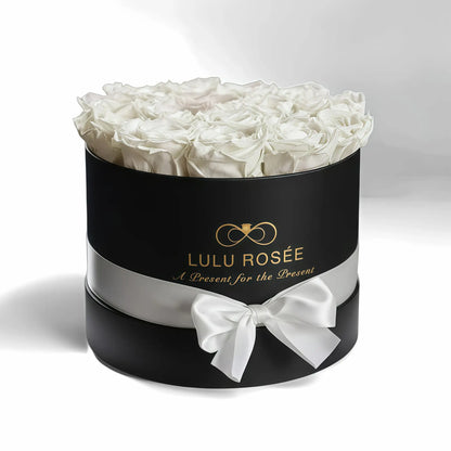 LULU ROSÉE medium round box white roses black classic box on white background