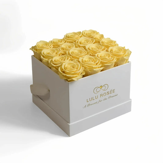 LULU ROSÉE medium square box light yellow roses white classic box on white background