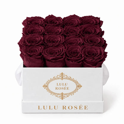 Burgundy preserved roses in a white classic LULU ROSÉE medium square box on a white background.
