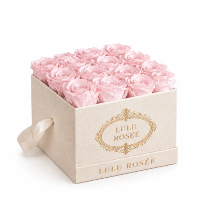 Light pink preserved roses in a blush suede LULU ROSÉE medium square box, suede angle.