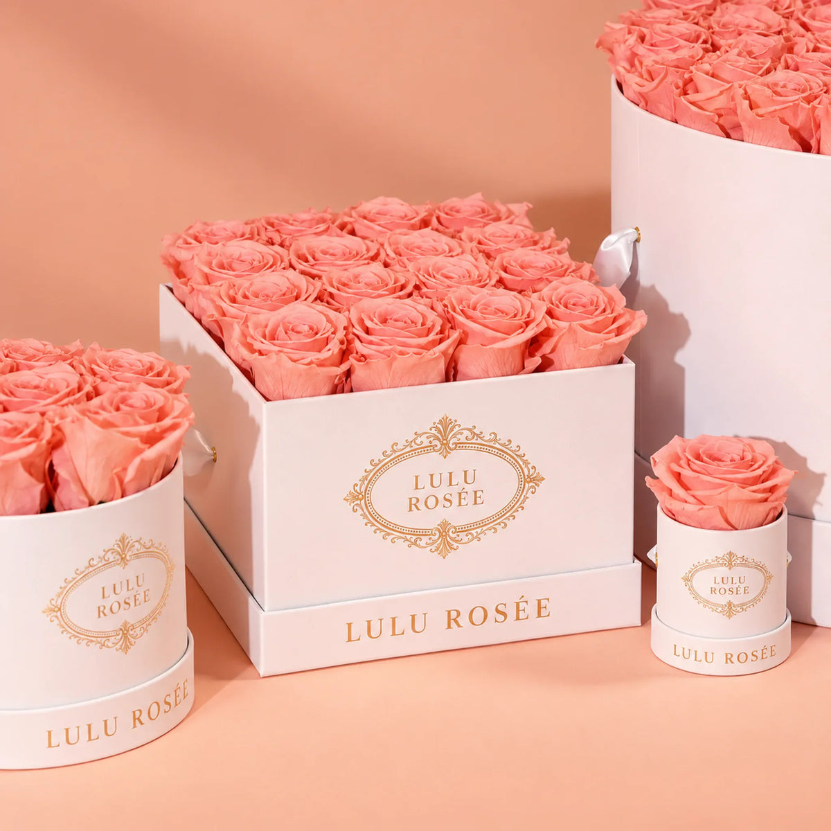 Light pink preserved roses in a blush suede LULU ROSÉE medium square box, suede lifestyle.