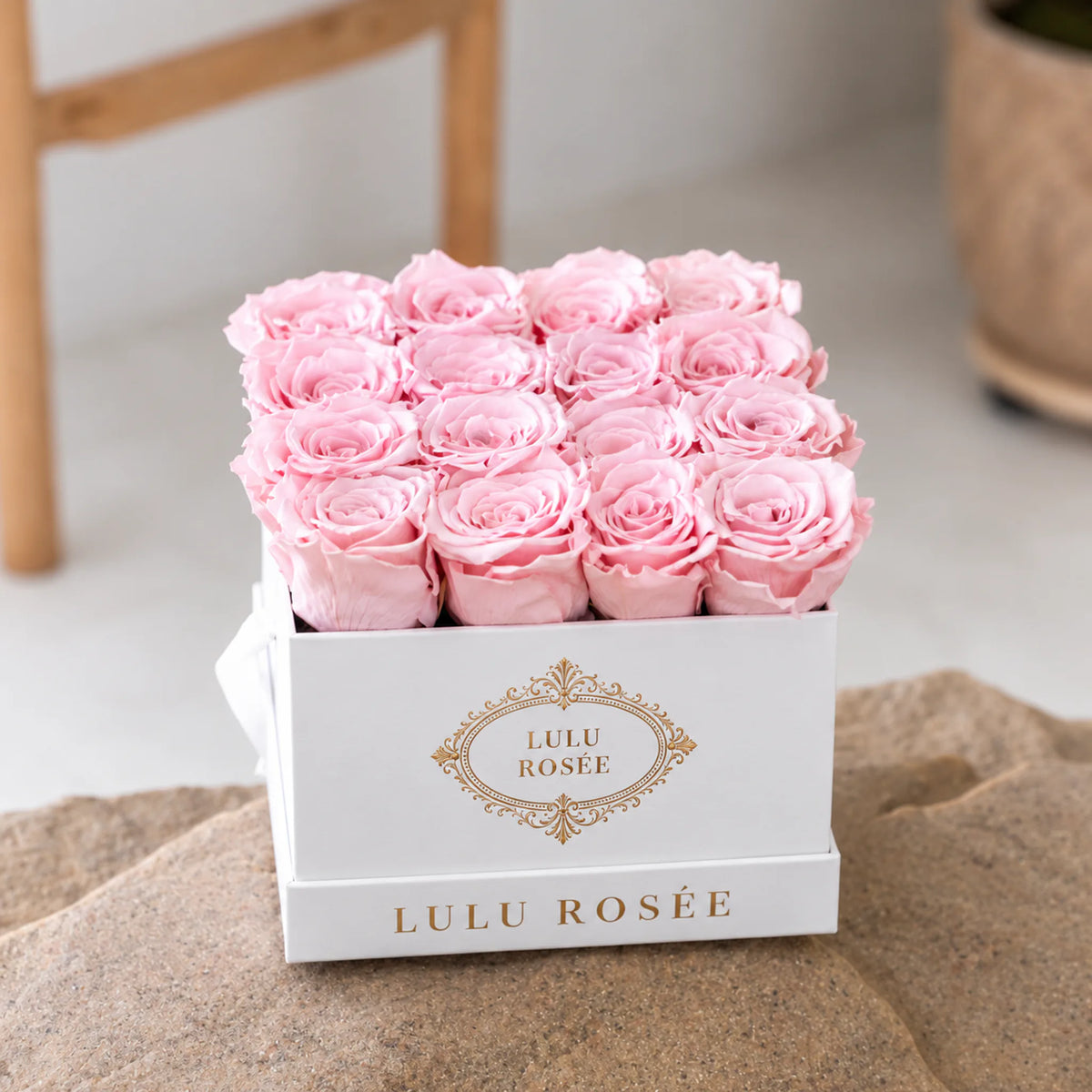 Light pink preserved roses in a white classic LULU ROSÉE medium square box, classic lifestyle.