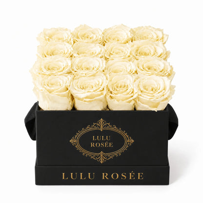 Light yellow preserved roses in a black classic LULU ROSÉE medium square box on a white background.