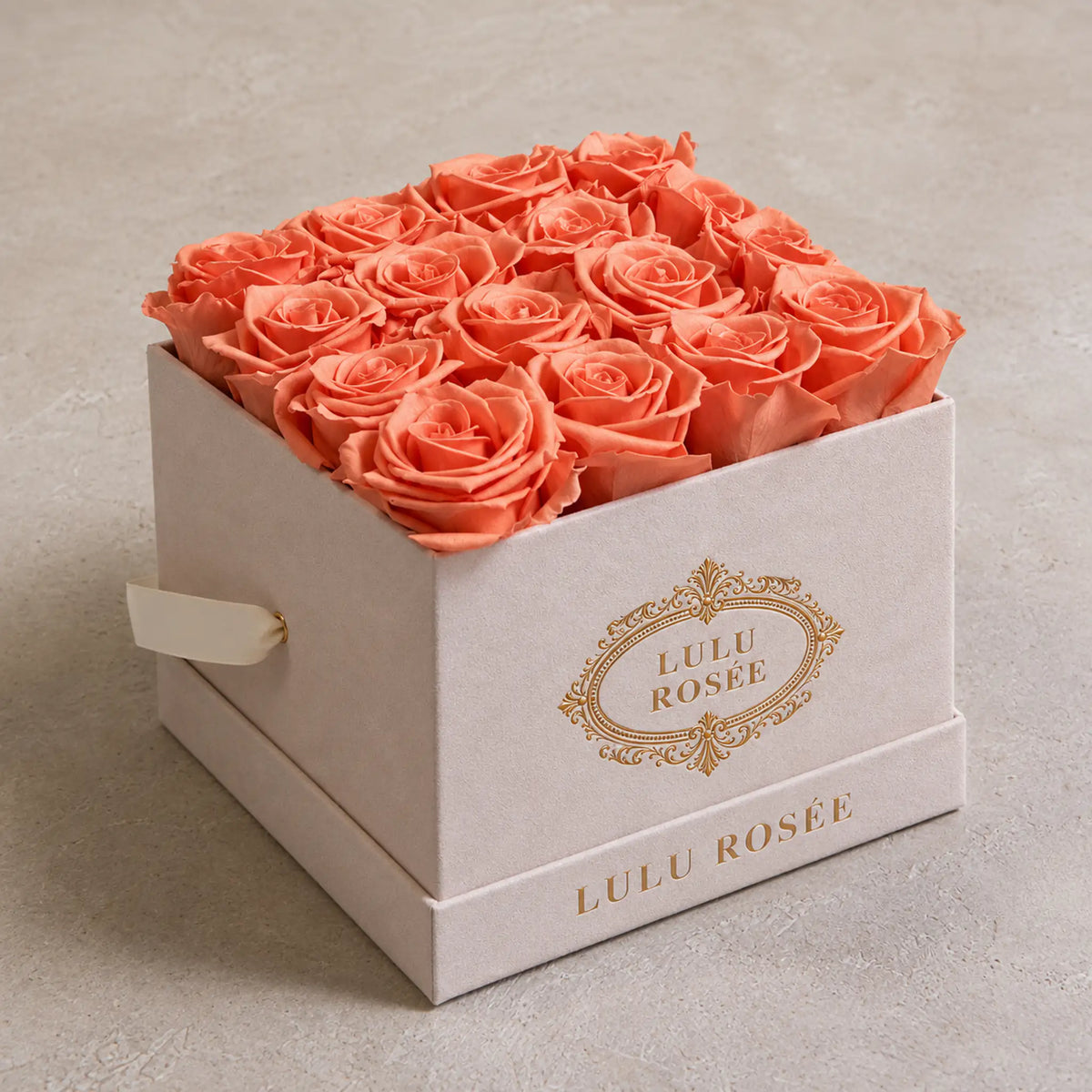 Orange preserved roses in a cream suede LULU ROSÉE medium square box in a lifestyle setting.