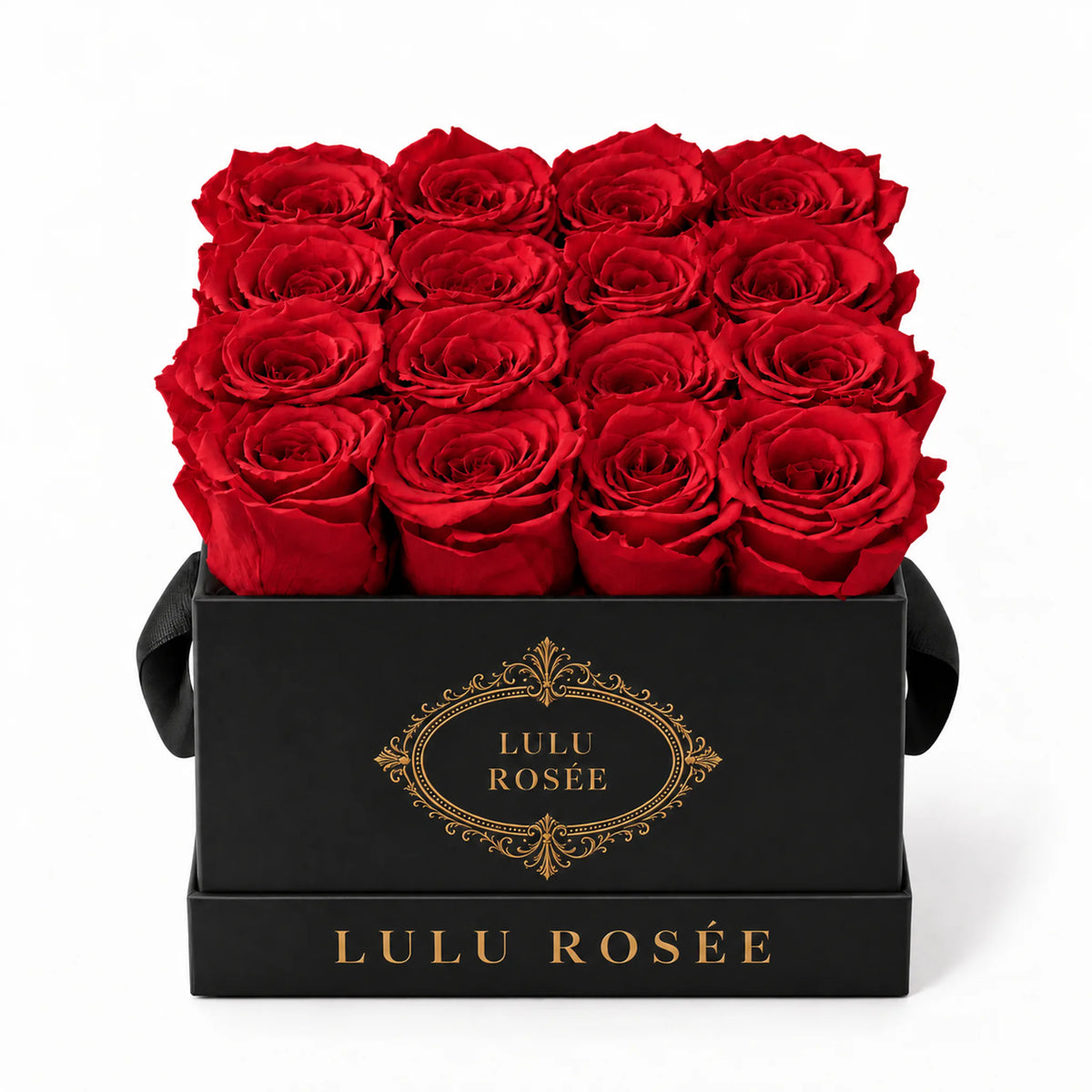 Red preserved roses in a black classic LULU ROSÉE medium square box on a white background.