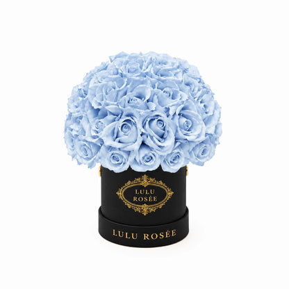 Baby blue eternal roses in a black classic Mini Le Plein box on a white background.