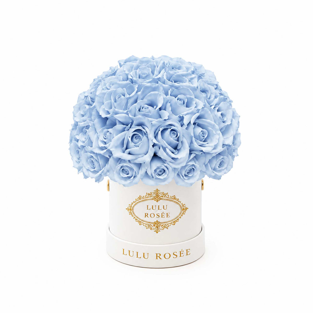 Baby blue eternal roses in a white classic Mini Le Plein box on a white background.