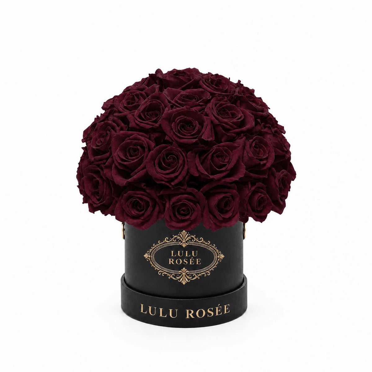 Burgundy eternal roses in a black classic Mini Le Plein box shown against a white background.