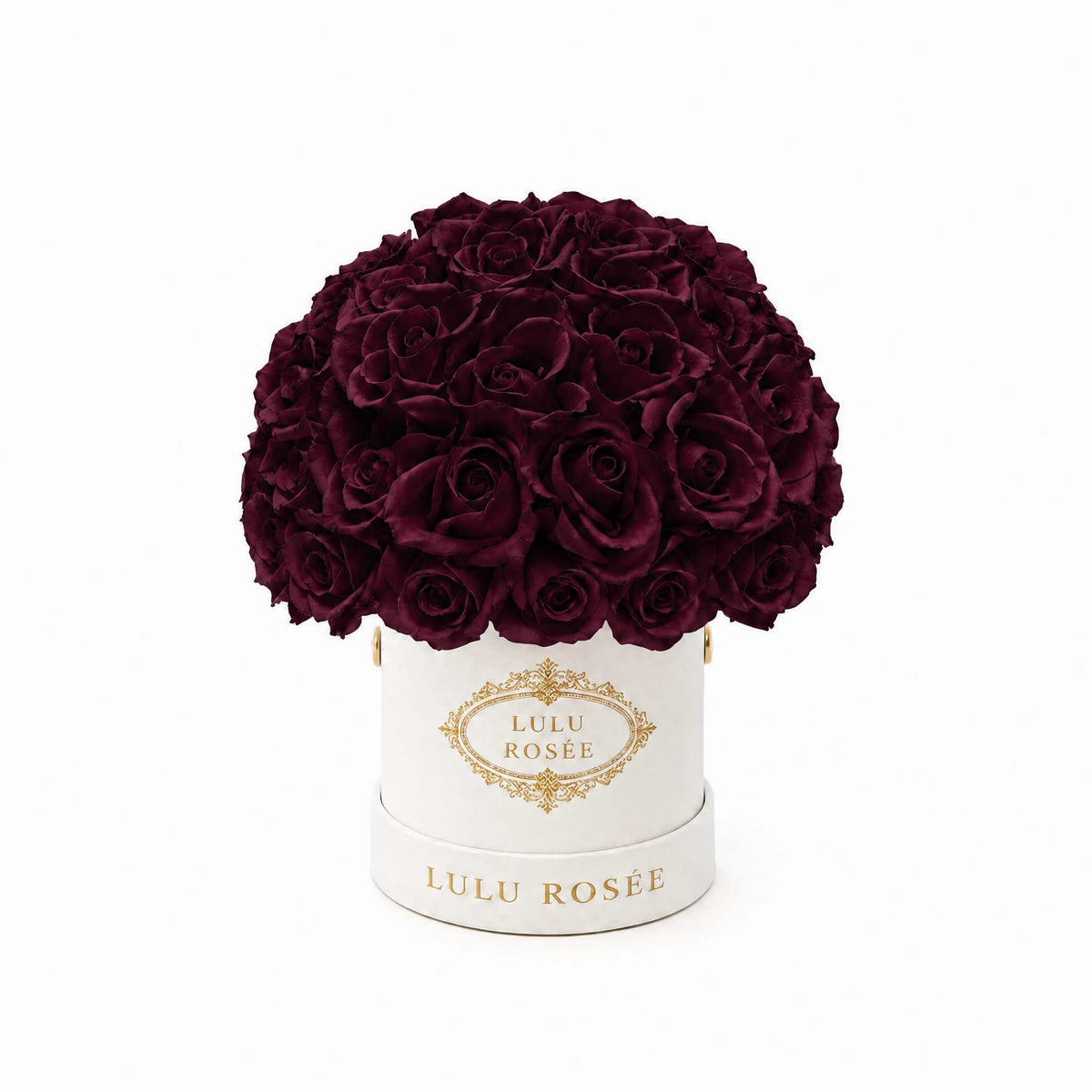 Burgundy eternal roses in a white classic Mini Le Plein box on a white background.