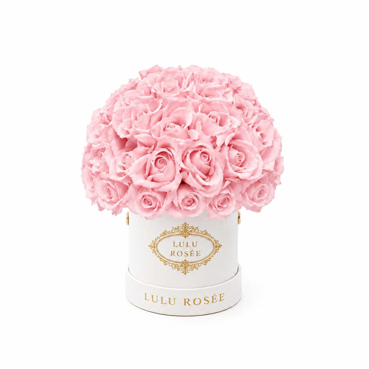 Light pink eternal roses in a white classic Mini Le Plein box on a white background.