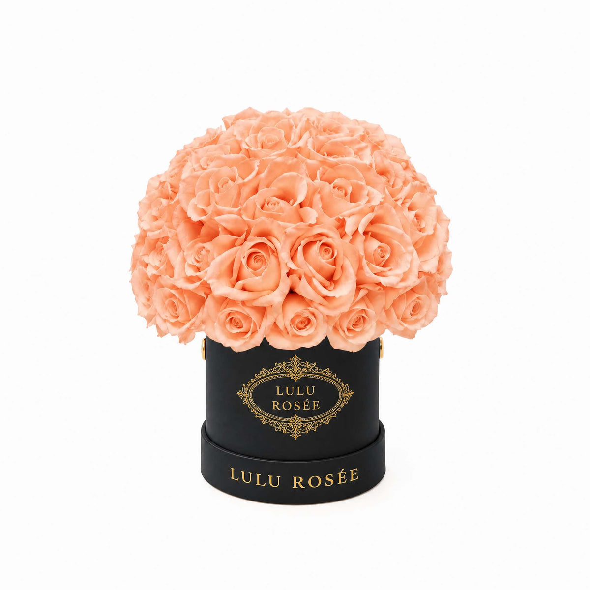 Orange eternal roses in a black classic Mini Le Plein box on a white background.
