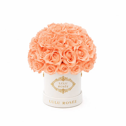 Orange eternal roses in a white classic Mini Le Plein box on a white background.