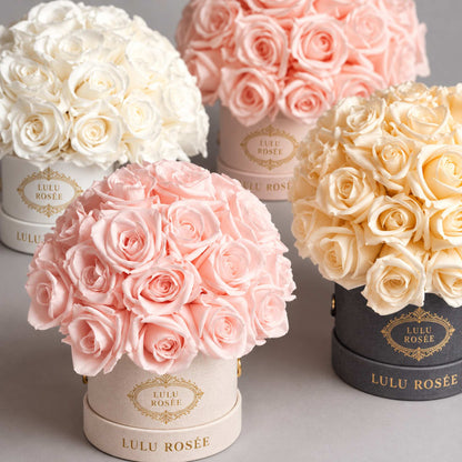 LULU ROSÉE Mini Le Plein eternal rose boxes styled in a luxury floral still life.