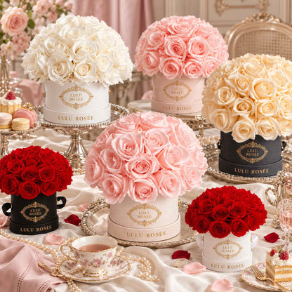 LULU ROSÉE Mini Le Plein eternal rose boxes arranged for an elegant Parisian afternoon tea.