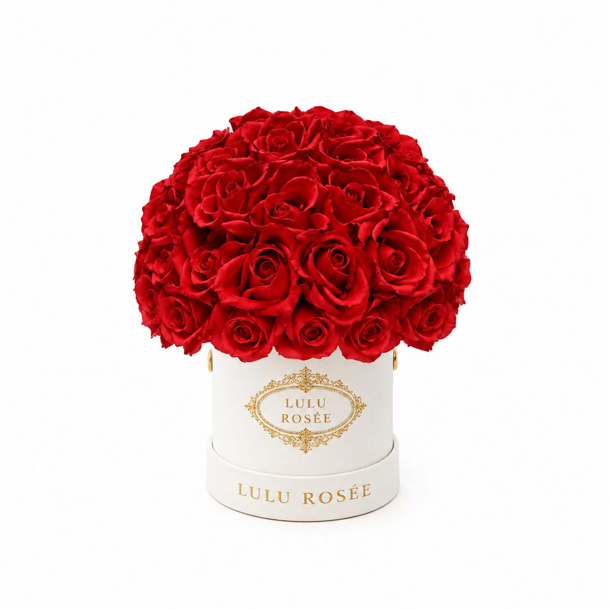 Red eternal roses in a white classic Mini Le Plein box on a white background.