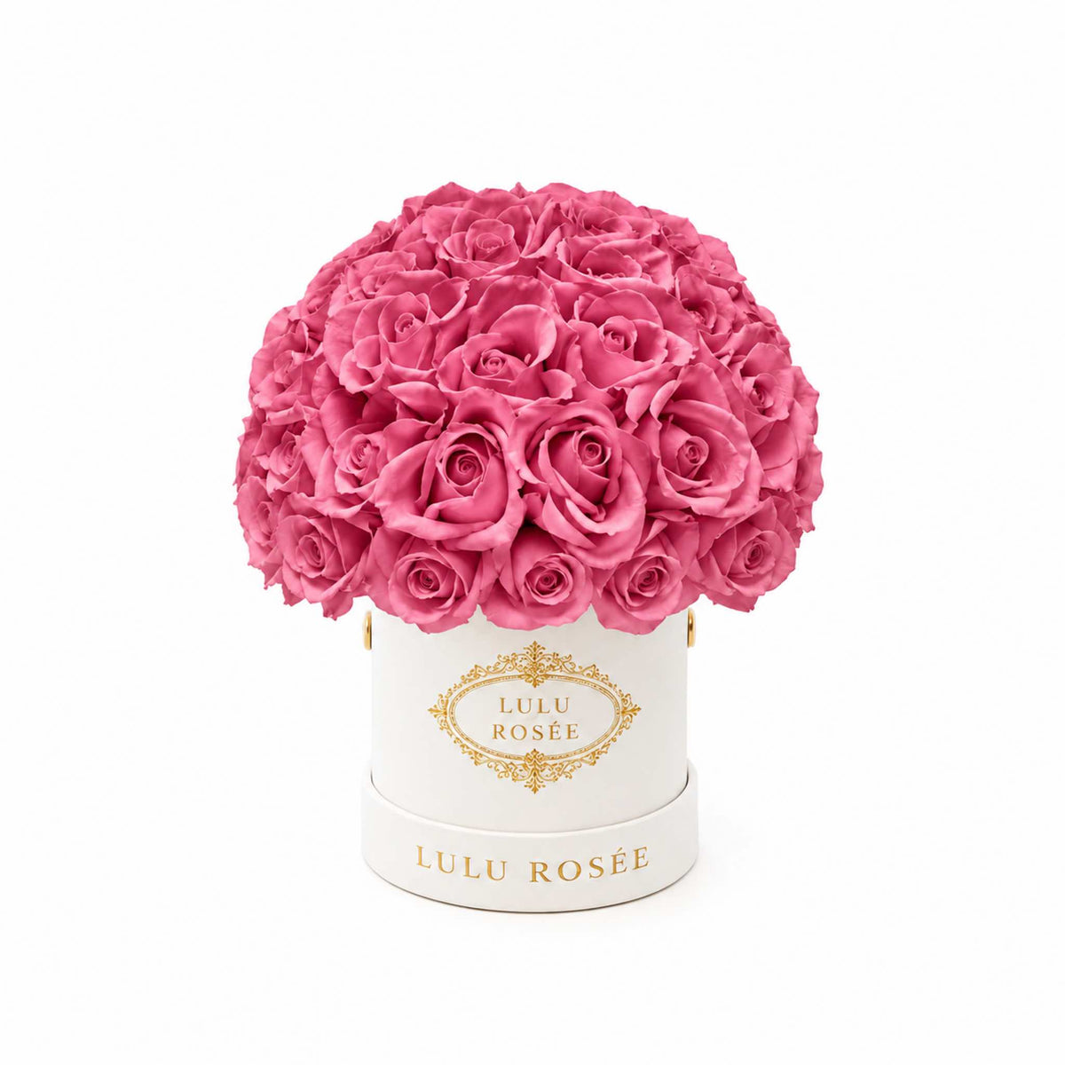 Rose pink eternal roses in a white classic Mini Le Plein box on a white background.