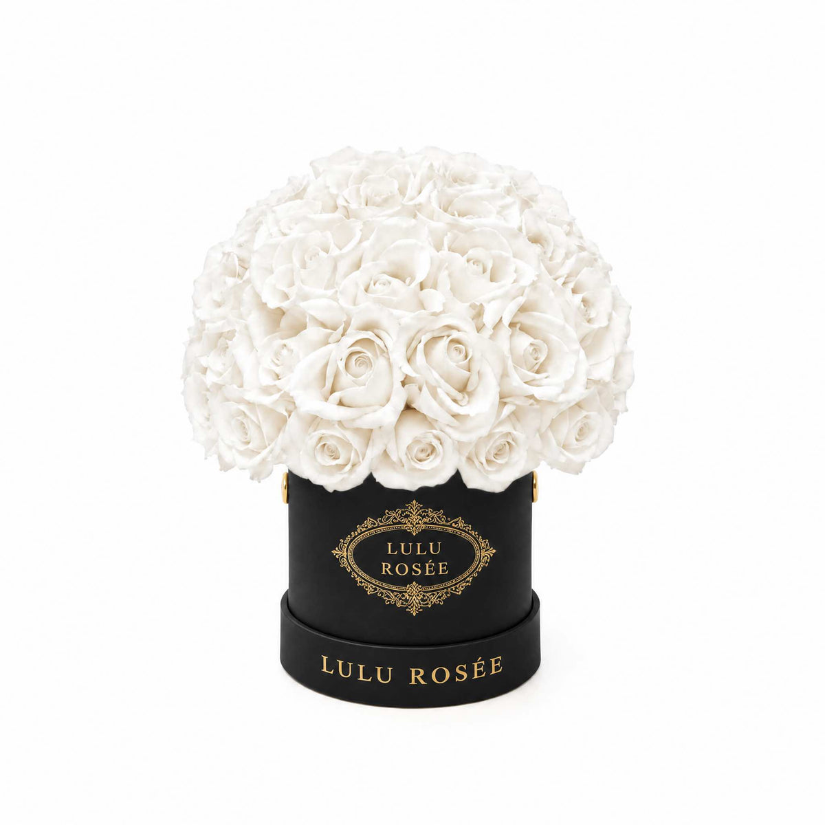 White eternal roses in a black classic Mini Le Plein box on a white background.
