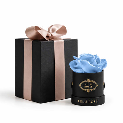 A baby blue eternal rose in a black classic Mini Round box beside a wrapped gift box.