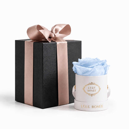 A baby blue eternal rose in a white classic Mini Round box beside a wrapped gift box.