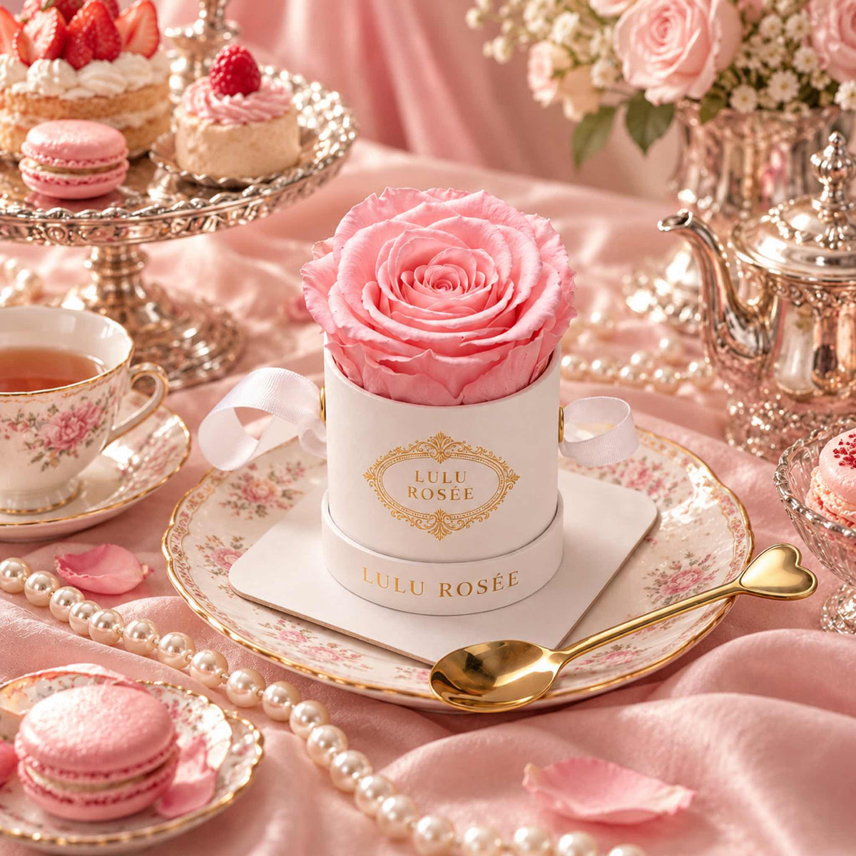 A light pink eternal rose in a white Mini Round box arranged for an elegant afternoon tea.