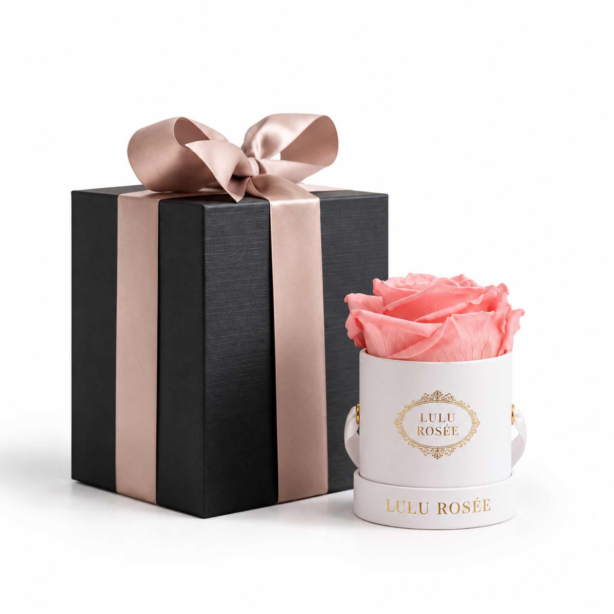A light pink eternal rose in a white Mini Round box beside a wrapped gift box.