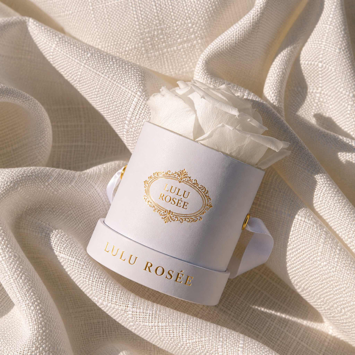 A white eternal rose in a white Mini Round box styled on softly draped fabric.