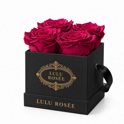 Black classic box with four hot pink preserved roses, on a white background