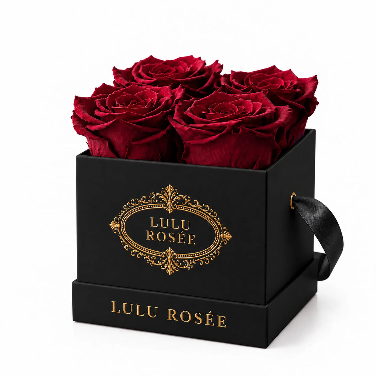 Black classic box with four red preserved roses, on a white background