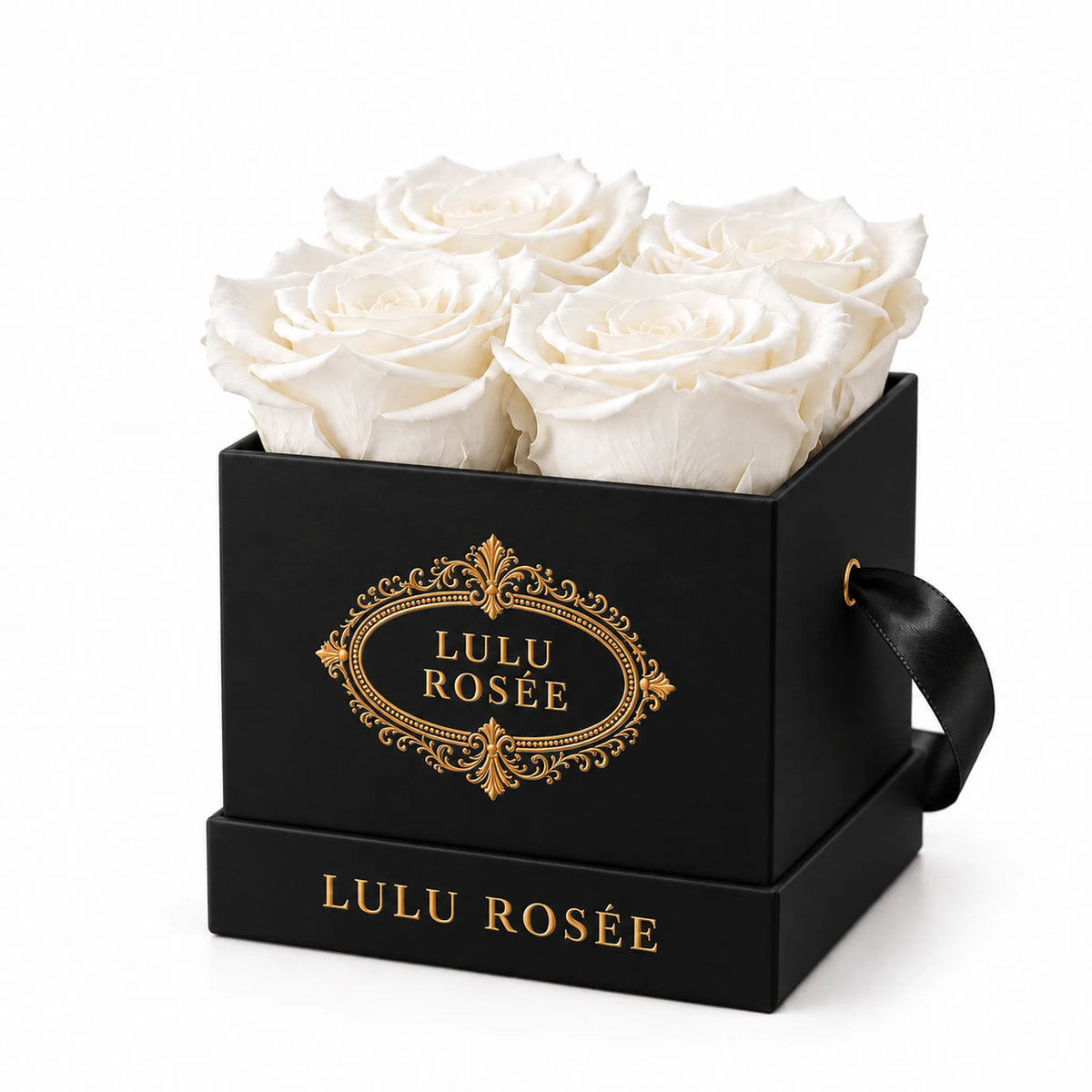 Black classic box with four white preserved roses, on a white background