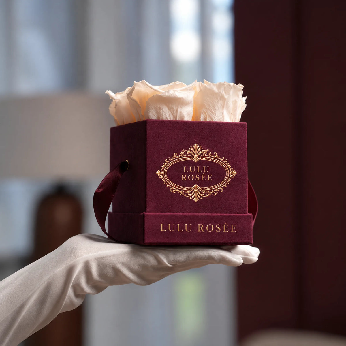Burgundy velvet box with four light champagne preserved roses, held in a hand