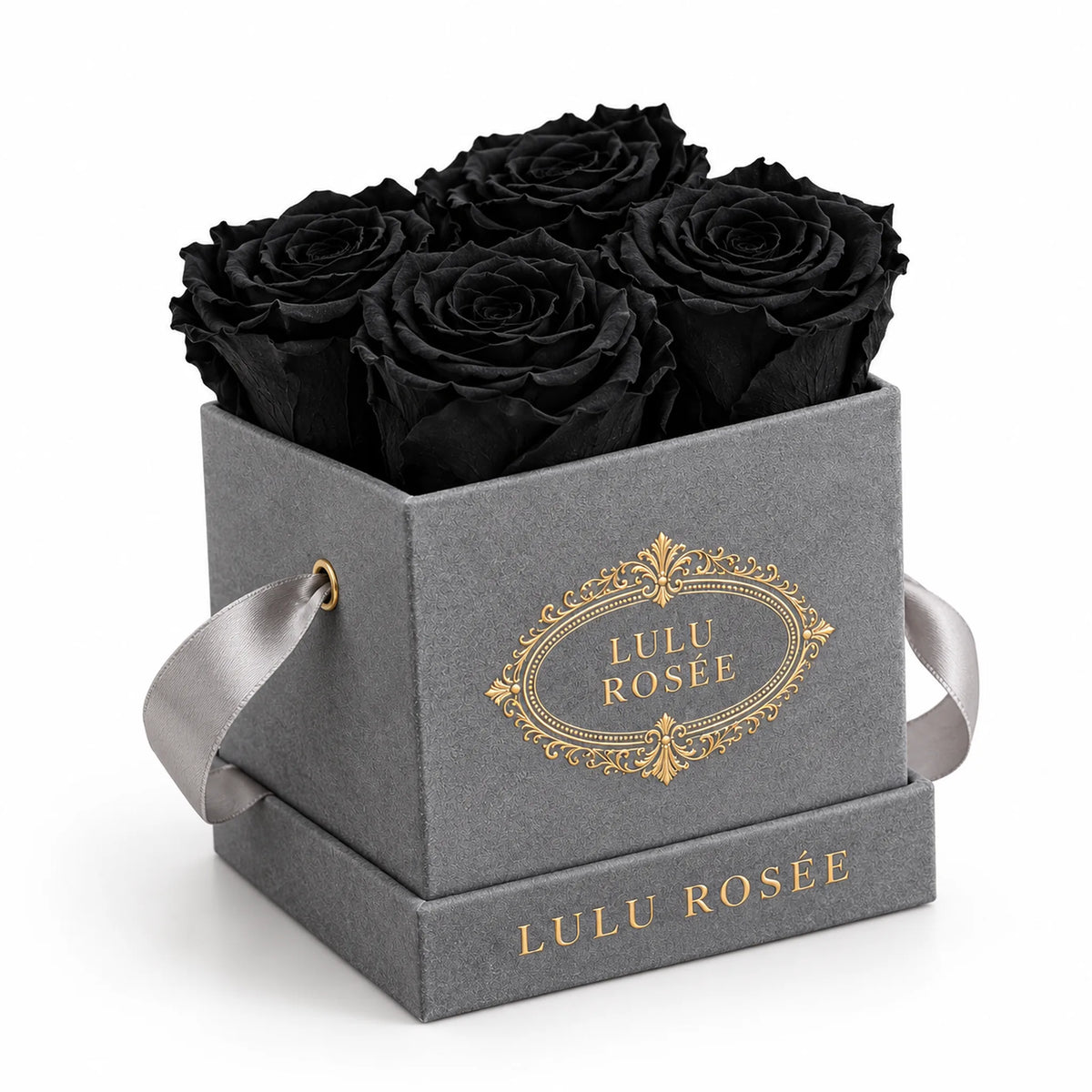 Grey suede box with four black preserved roses, on a white background