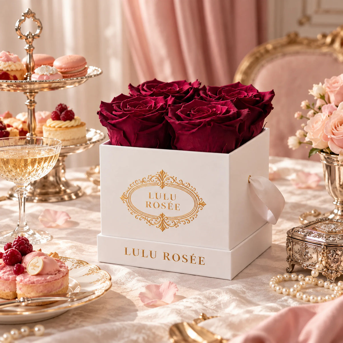 White classic box with burgundy preserved roses beside an afternoon tea setting