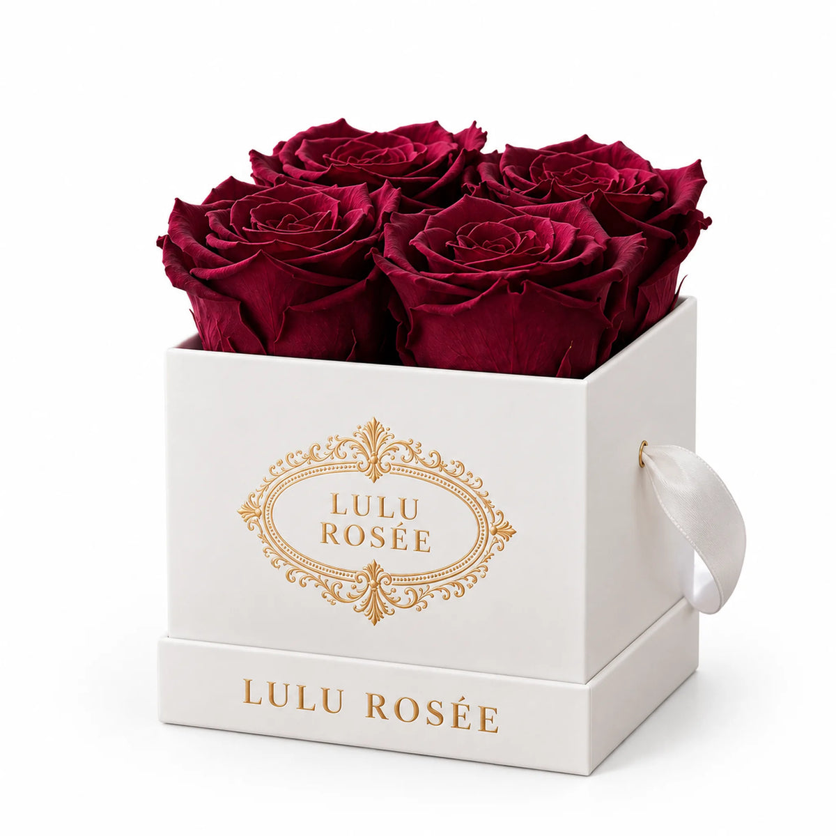White classic box with burgundy preserved roses, on a white background