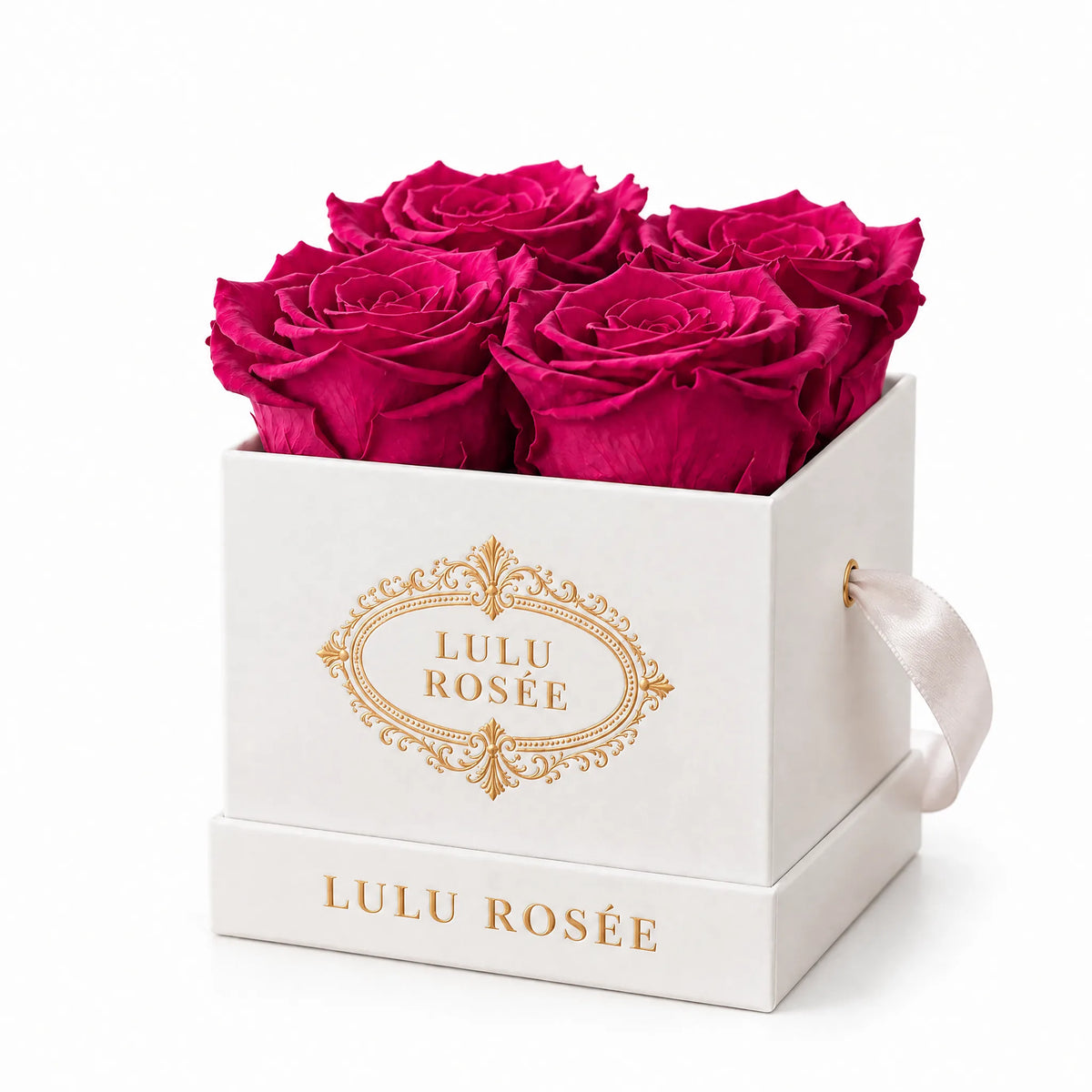 White classic box with four hot pink preserved roses, on a white background