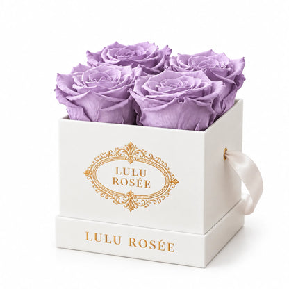 White classic box with four light purple preserved roses, on a white background