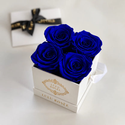 White classic box with four royal blue preserved roses on a display stand