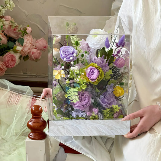 LULU ROSÉE Monet's Garden Preserved Flower Acrylic Box, Purple and Green Everlasting Floral Arrangement