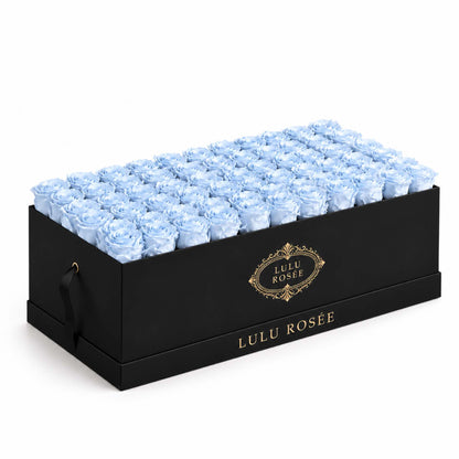 Baby blue preserved roses in a Black Classic Palais Rectangle rose box