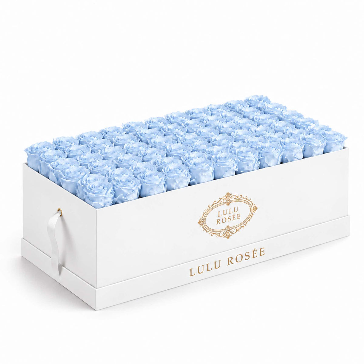 Baby blue eternal roses in a White Classic Palais Rectangle rose box