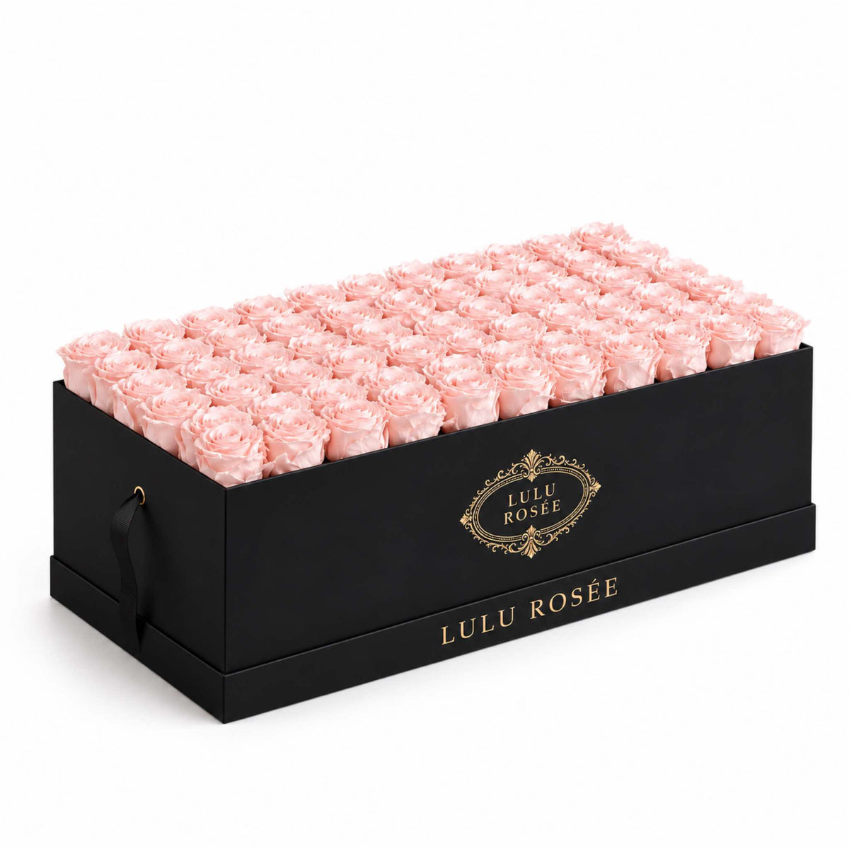 Blush roses in a Black Classic Palais Rectangle eternal rose arrangement
