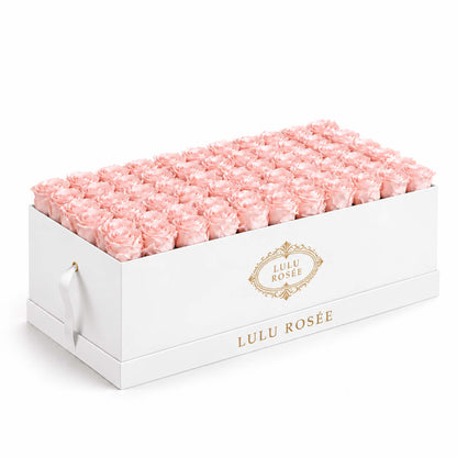 Blush eternal roses in a White Classic Palais Rectangle flower box